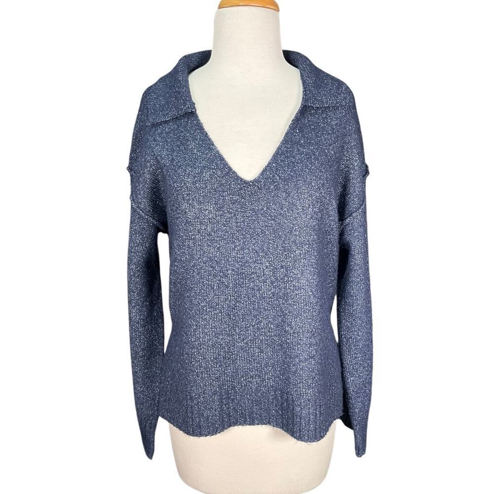 Abound XS Blue Collared V Neck Sweater Coastal Preppy Old Money Knit Hamptons